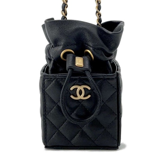 CHANEL Matelasse MiniDrawstring Bag Square ChainShoulder Bag Black Lambskin