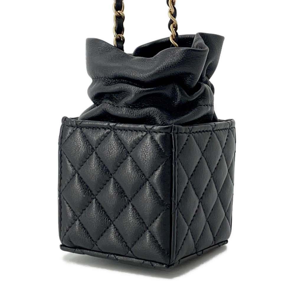 CHANEL Matelasse MiniDrawstring Bag Square ChainShoulder Bag Black Lambskin