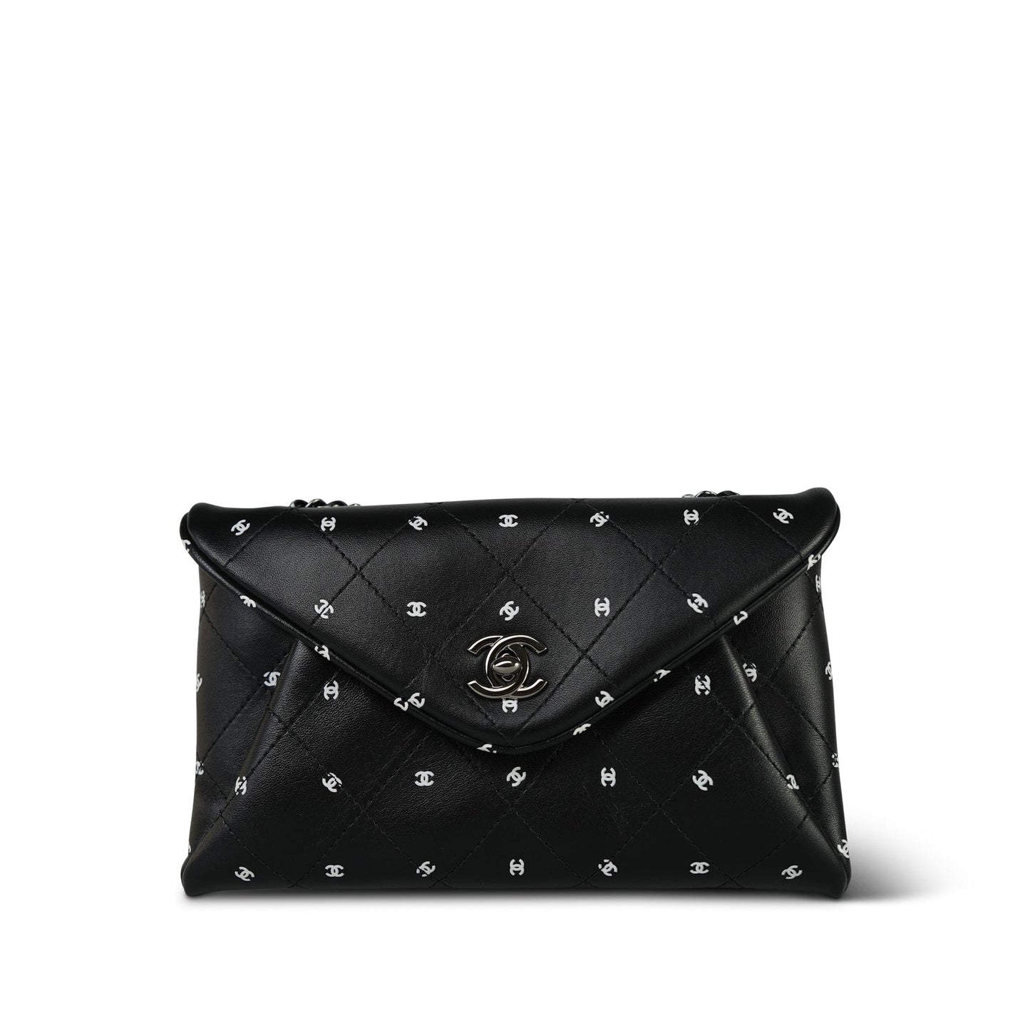Black Lambskin Quilted CC Printed Envelope Flap Bag Clutch With Chain SHW