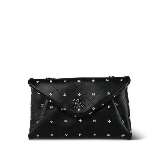 Black Lambskin Quilted CC Printed Envelope Flap Bag Clutch With Chain SHW