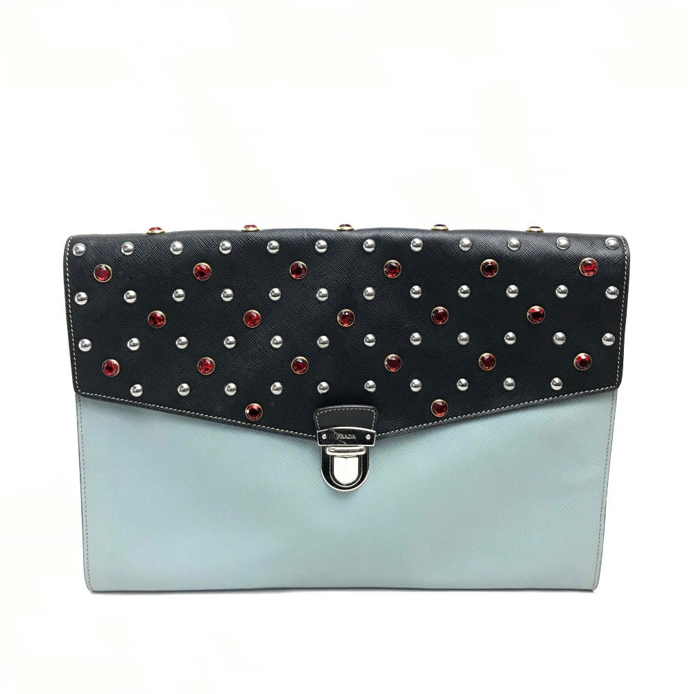 PRADA Clutch bag VR074C leather black Safiano Bijou x studs unisex(Unisex) Used