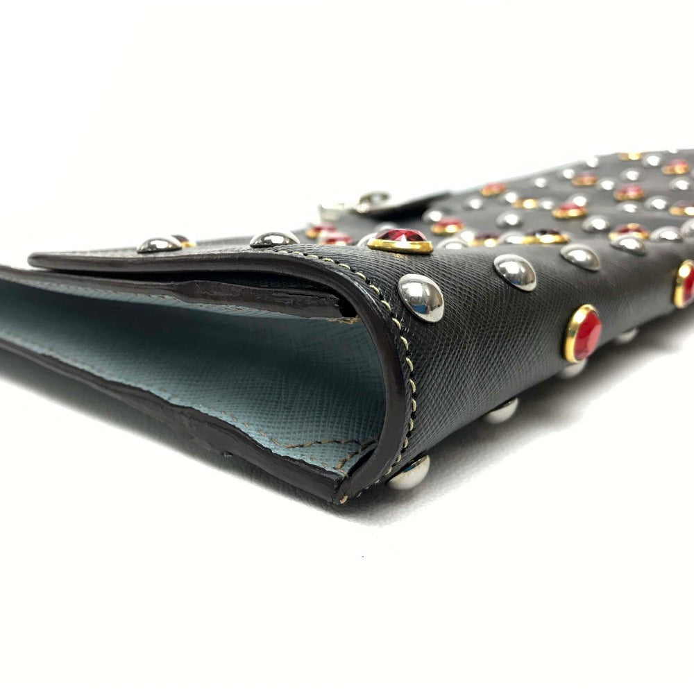 PRADA Clutch bag VR074C leather black Safiano Bijou x studs unisex(Unisex) Used