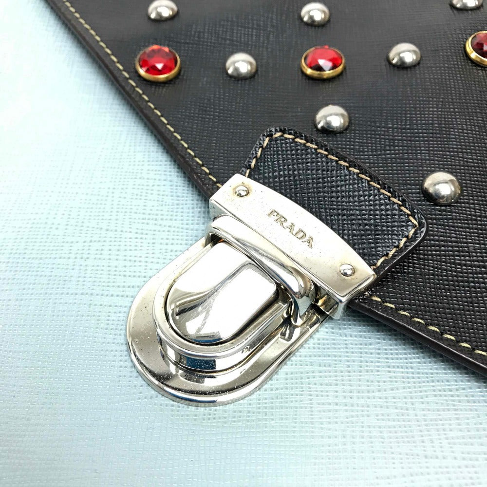 PRADA Clutch bag VR074C leather black Safiano Bijou x studs unisex(Unisex) Used