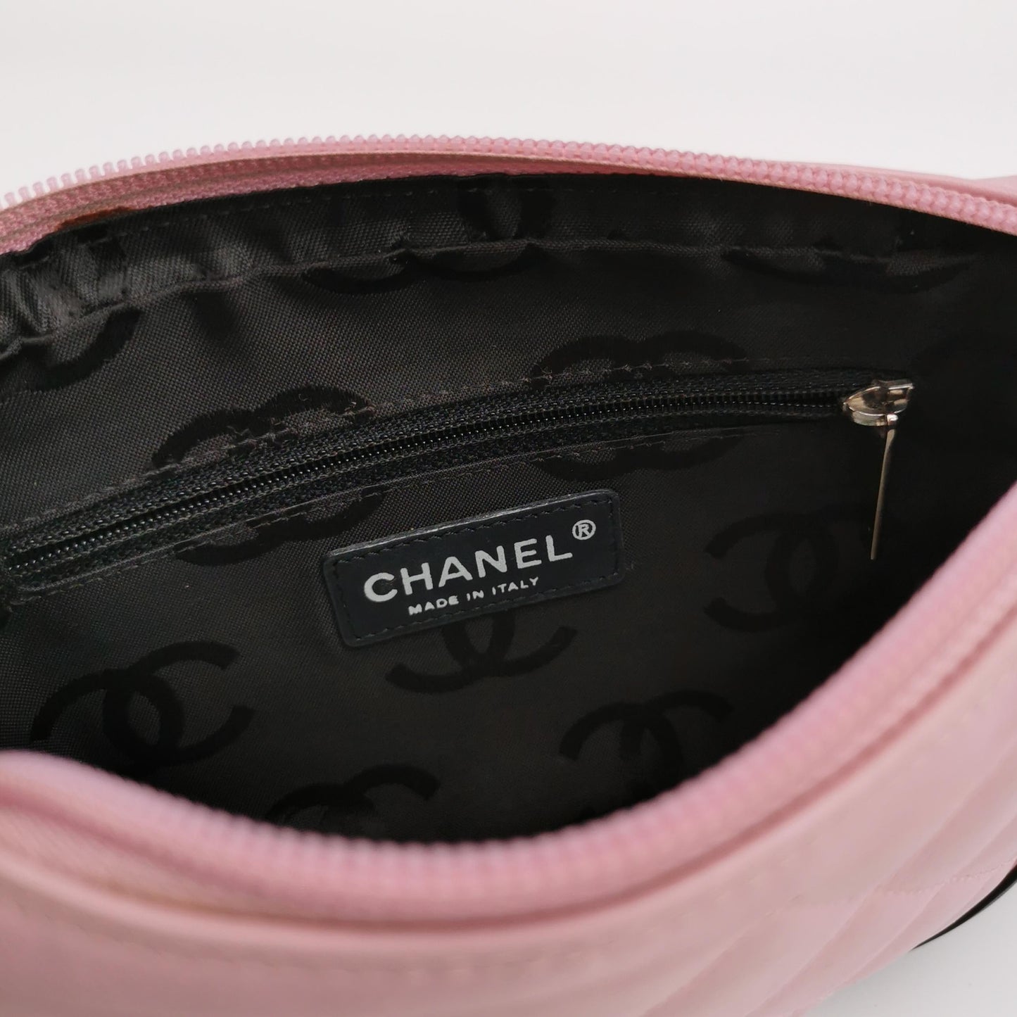 Chanel Cambon Clutch Shoulder Bag Pink Calfskin Leather Black Strap