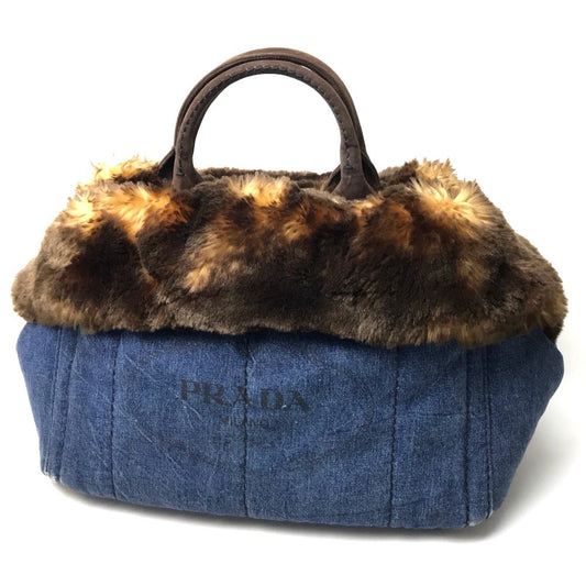 PRADA Tote Bag BN2182 Denim / fake fur / suede blue Fur with bag Canapa Women Used