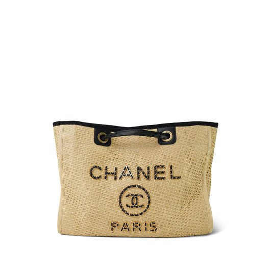 Beige Raffia Deauville Shopping Tote Small Aged Gold Hardware
