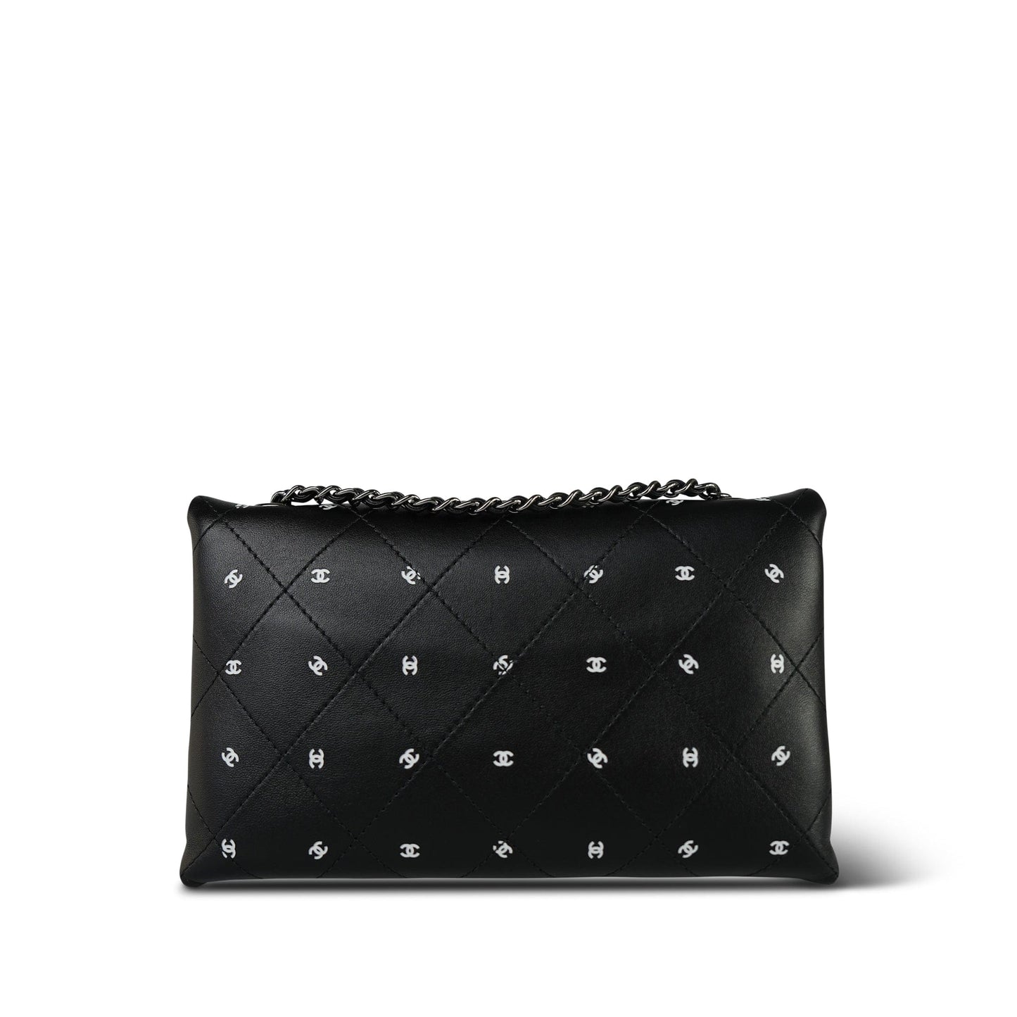 Black Lambskin Quilted CC Printed Envelope Flap Bag Clutch With Chain SHW