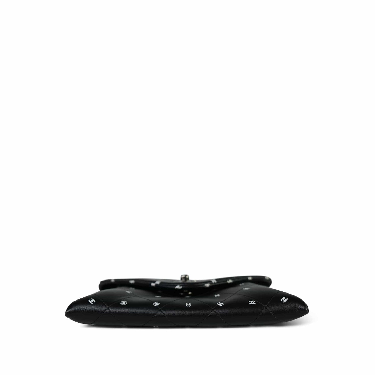 Black Lambskin Quilted CC Printed Envelope Flap Bag Clutch With Chain SHW