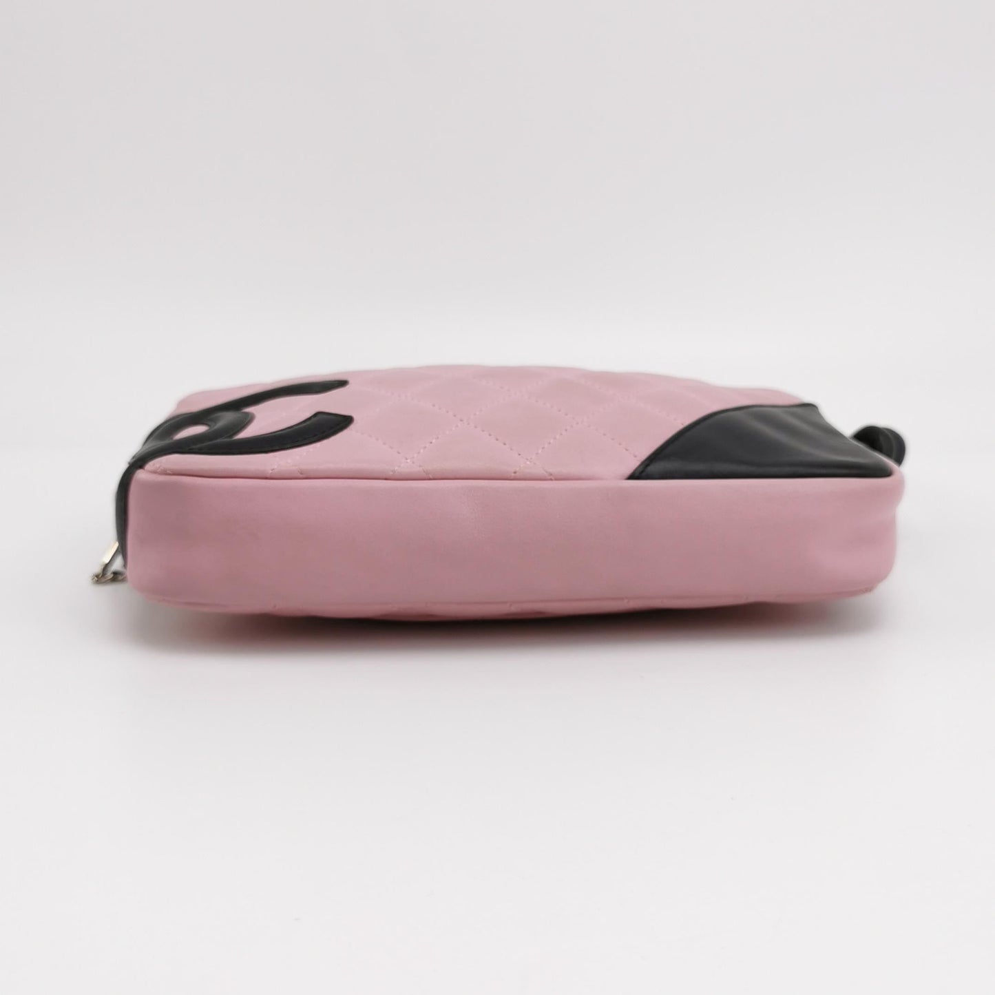 Chanel Cambon Clutch Shoulder Bag Pink Calfskin Leather Black Strap
