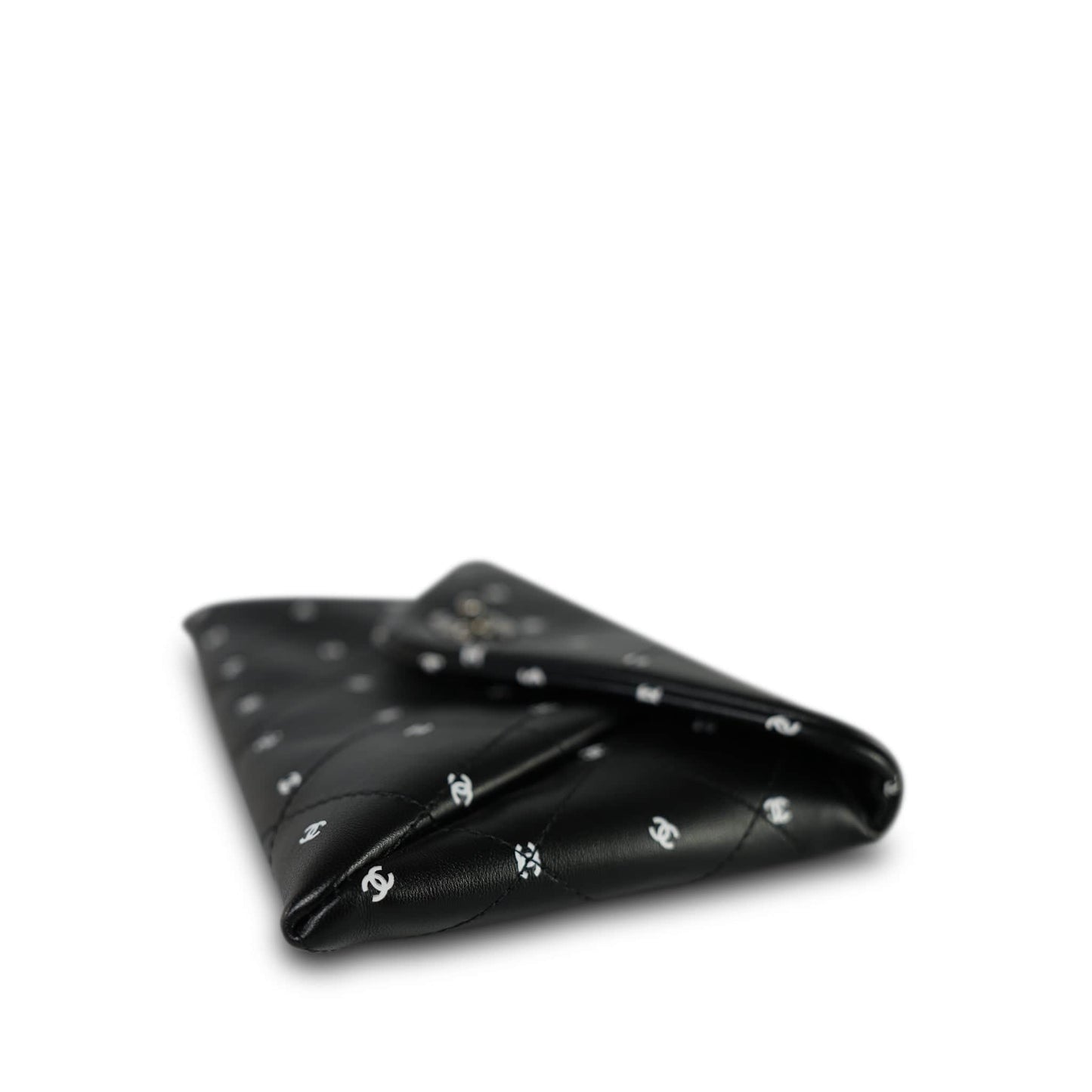 Black Lambskin Quilted CC Printed Envelope Flap Bag Clutch With Chain SHW