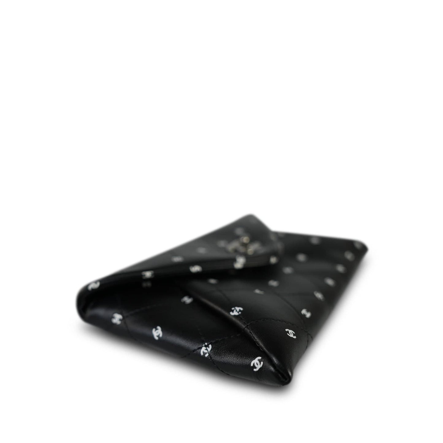Black Lambskin Quilted CC Printed Envelope Flap Bag Clutch With Chain SHW