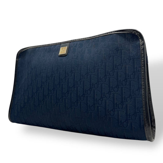 DIOR Christian Dior Trotter Clutch Bag Navy Canvas Gold Hardware Zipper Closure Second Men's Vintage