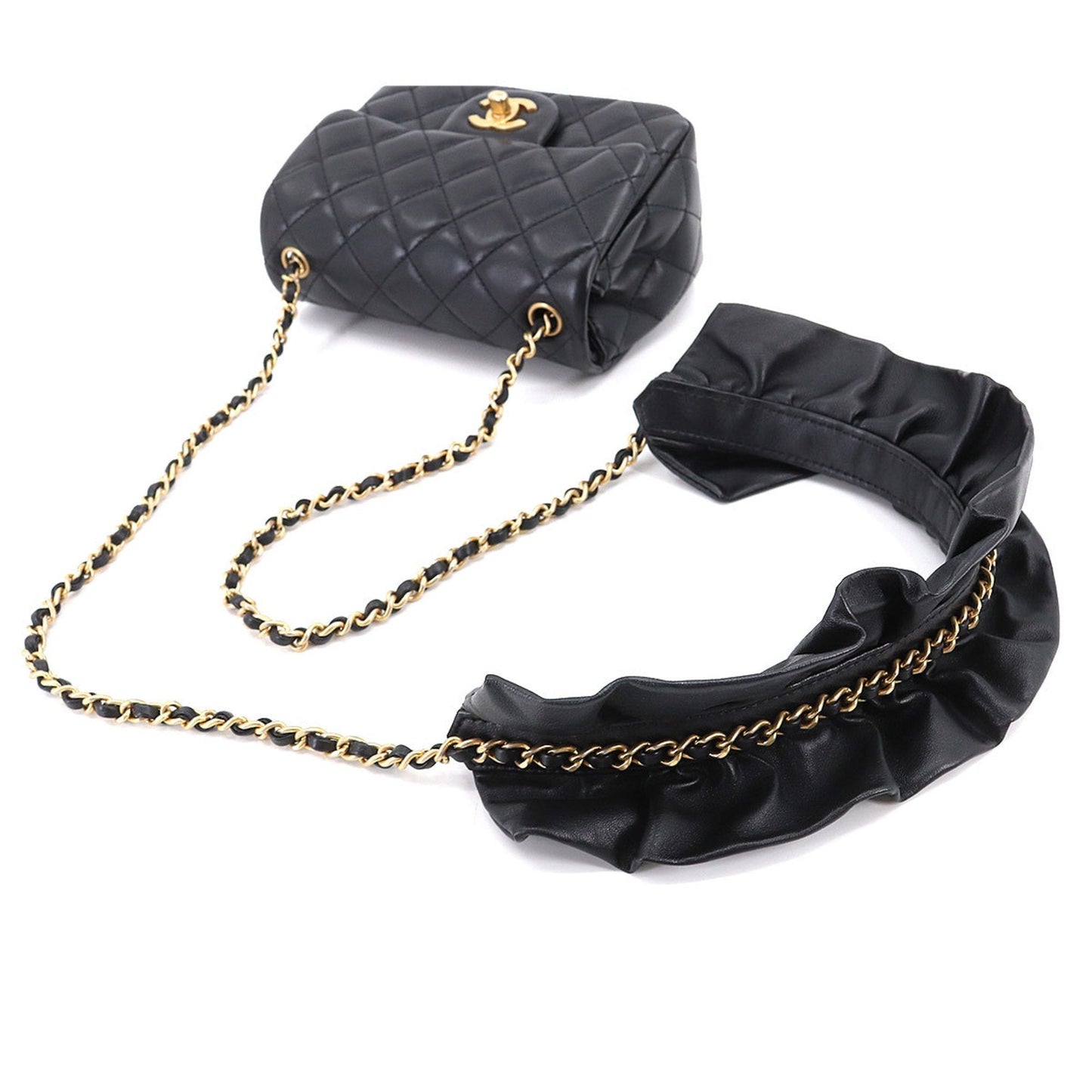 CHANEL Mini Matelasse Frill Chain Shoulder Bag Leather Black Gold Hardware