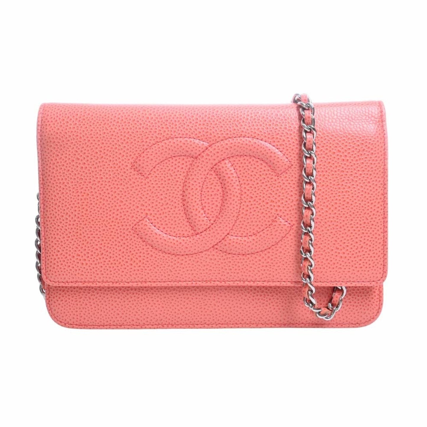 CHANEL Caviar Skin Coco Mark Chain Shoulder Long Wallet Orange Ladies