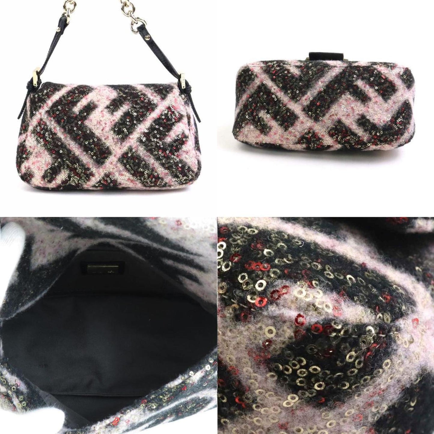 FENDI Shoulder Bag Mini Mamma Bucket Wool/Sequins/Patent Leather Black/Pink/Gold Women's e55935f