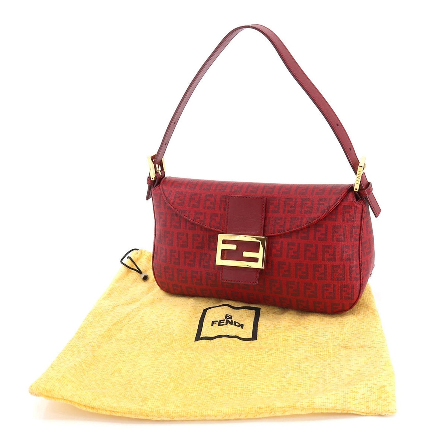 FENDI Zucchino Mamma Baguette Shoulder Bag PVC Leather Red 8BR003 Gold Hardware