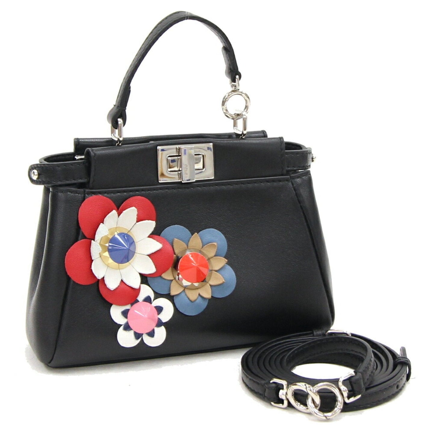 FENDI Micro Peekaboo 8M0355 Black Multicolor Leather Shoulder Flower Ladies