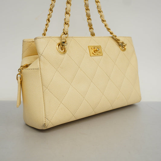 CHANEL[3ae5076] Auth  Shoulder Bag Matelasse Chain Shoulder Caviar Skin Ivory Gold metal