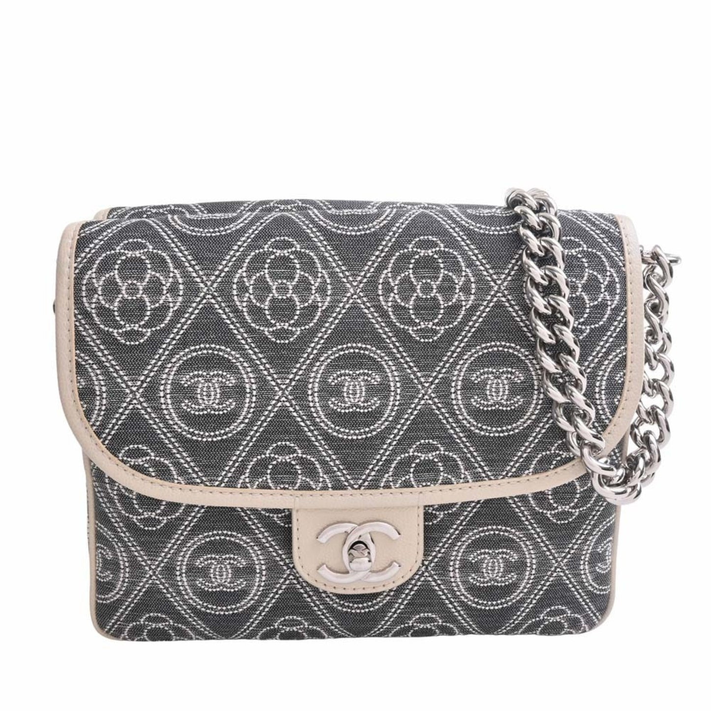 CHANEL Canvas Camellia Coco Mark Chain Shoulder Bag Gray Ladies