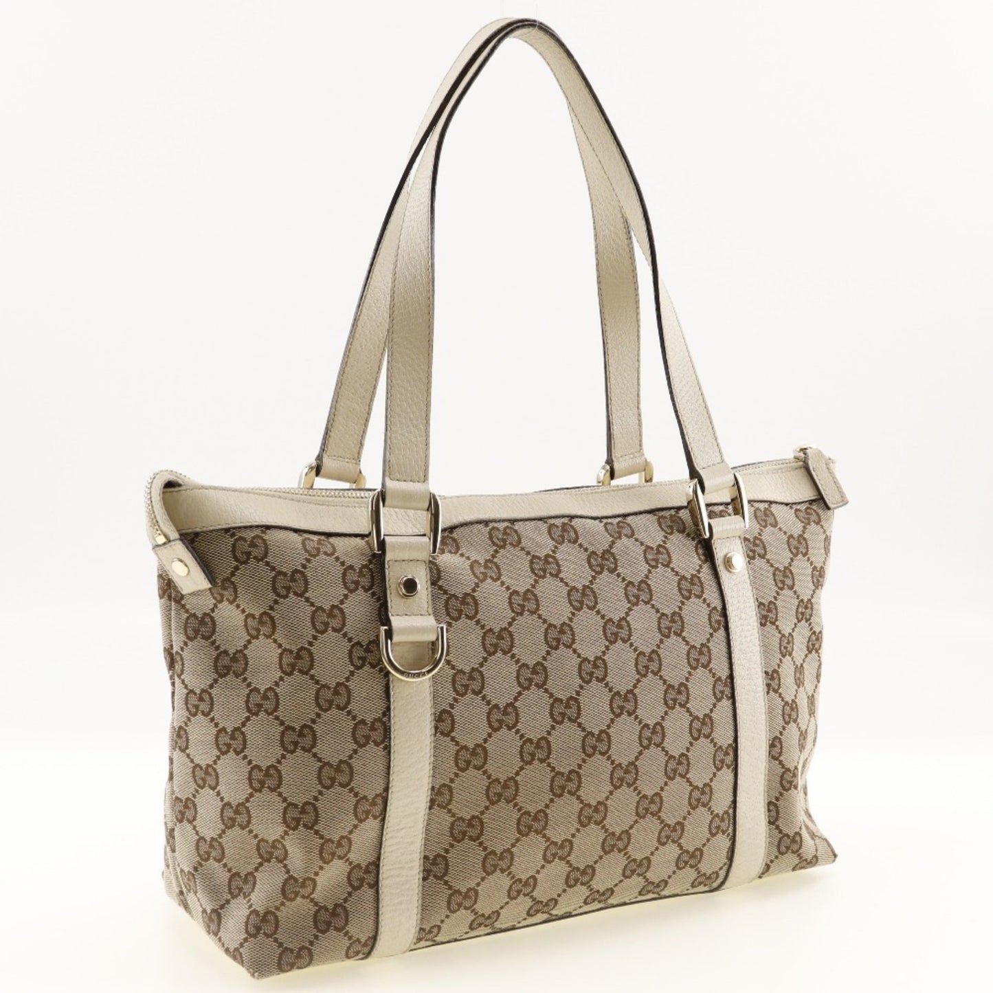 GUCCI Abbey Line Tote Bag 141470 GG Canvas x Leather Made in Italy Beige Shoulder Zipper line Ladies