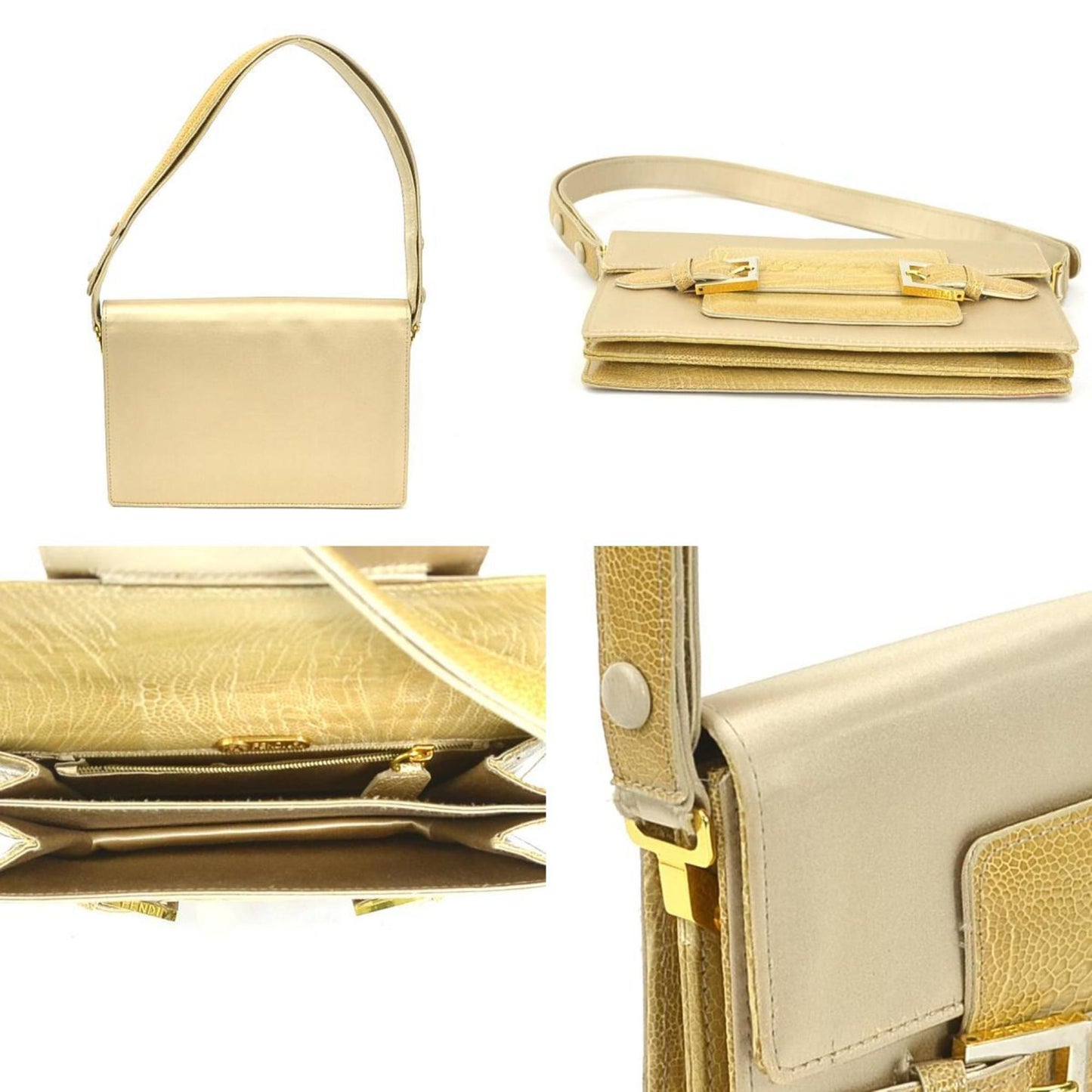 FENDI Shoulder bag satin/embossed leather gold/beige ladies