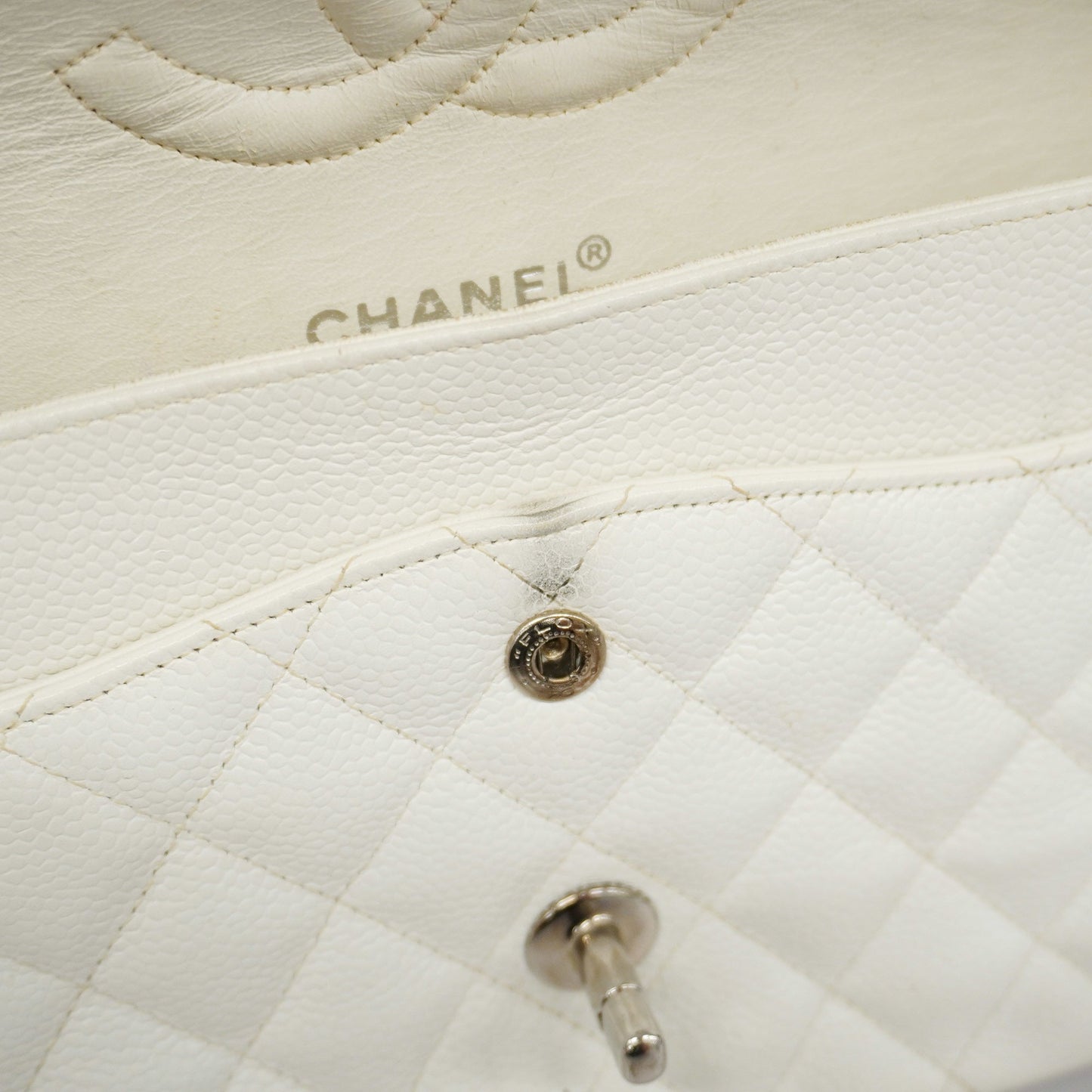 CHANELAuth  Matelasse W Flap W Chain Women's Caviar Leather Shoulder Bag White