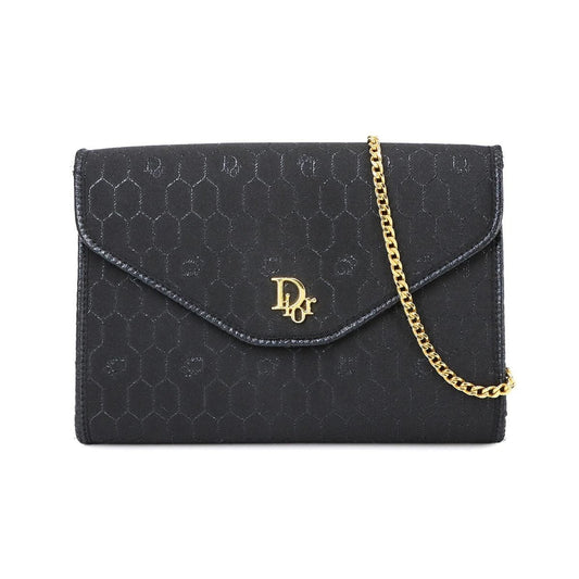 Christian Dior Honeycomb 2way Clutch Shoulder Bag Canvas Leather Black Gold Metal Fittings