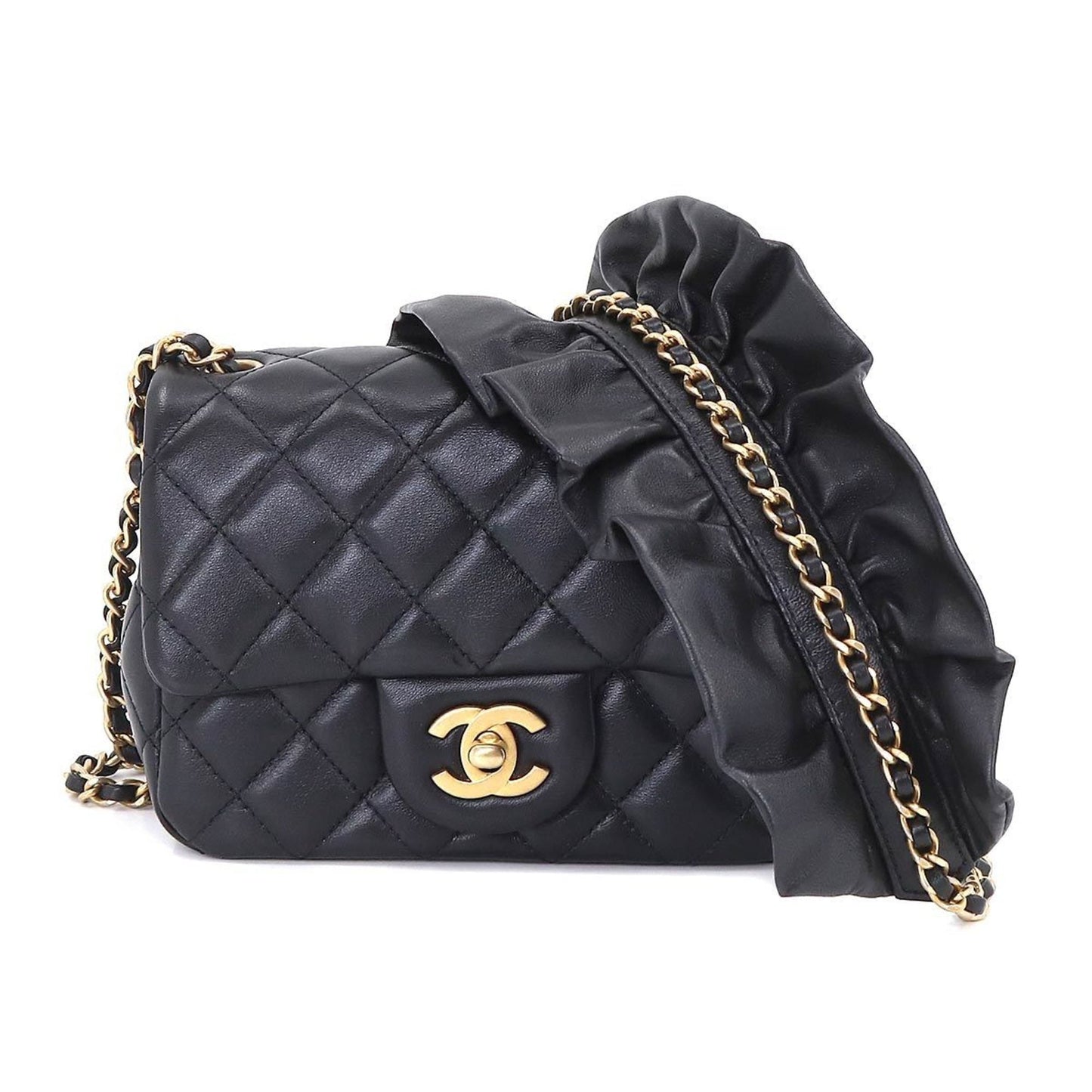 CHANEL Mini Matelasse Frill Chain Shoulder Bag Leather Black Gold Hardware