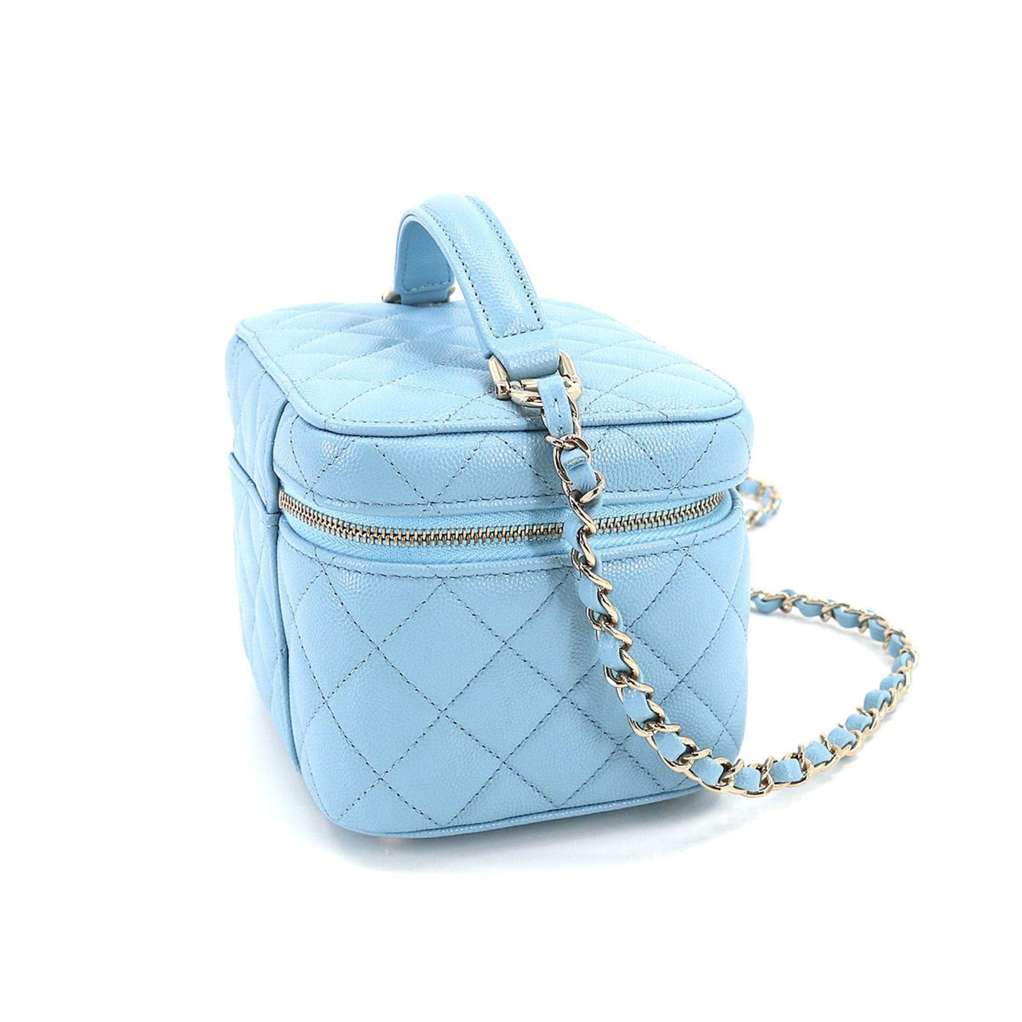 CHANEL Matelasse Small Vanity Chain Shoulder Bag Caviar Skin Leather Light Blue AS3171