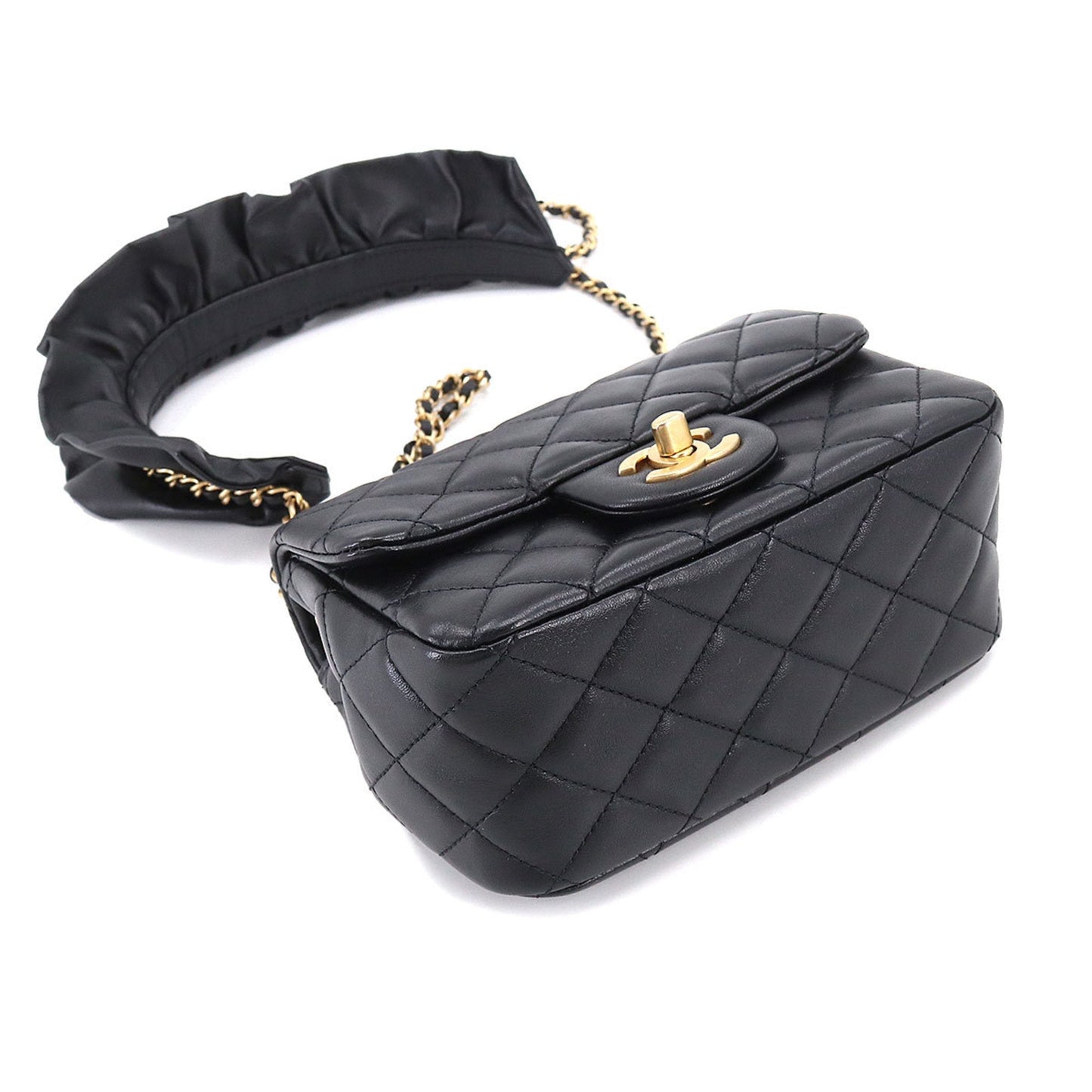 CHANEL Mini Matelasse Frill Chain Shoulder Bag Leather Black Gold Hardware