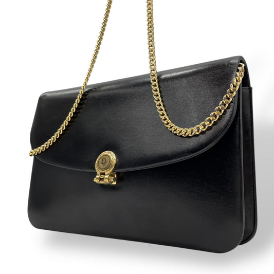 Christian Dior Chain Shoulder Bag Black Leather Genuine Vintage Logo Metal Fittings Crossbody Women's K3