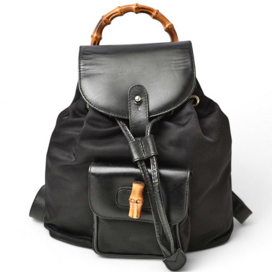 GUCCI Bamboo Backpack Canvas Leather Black