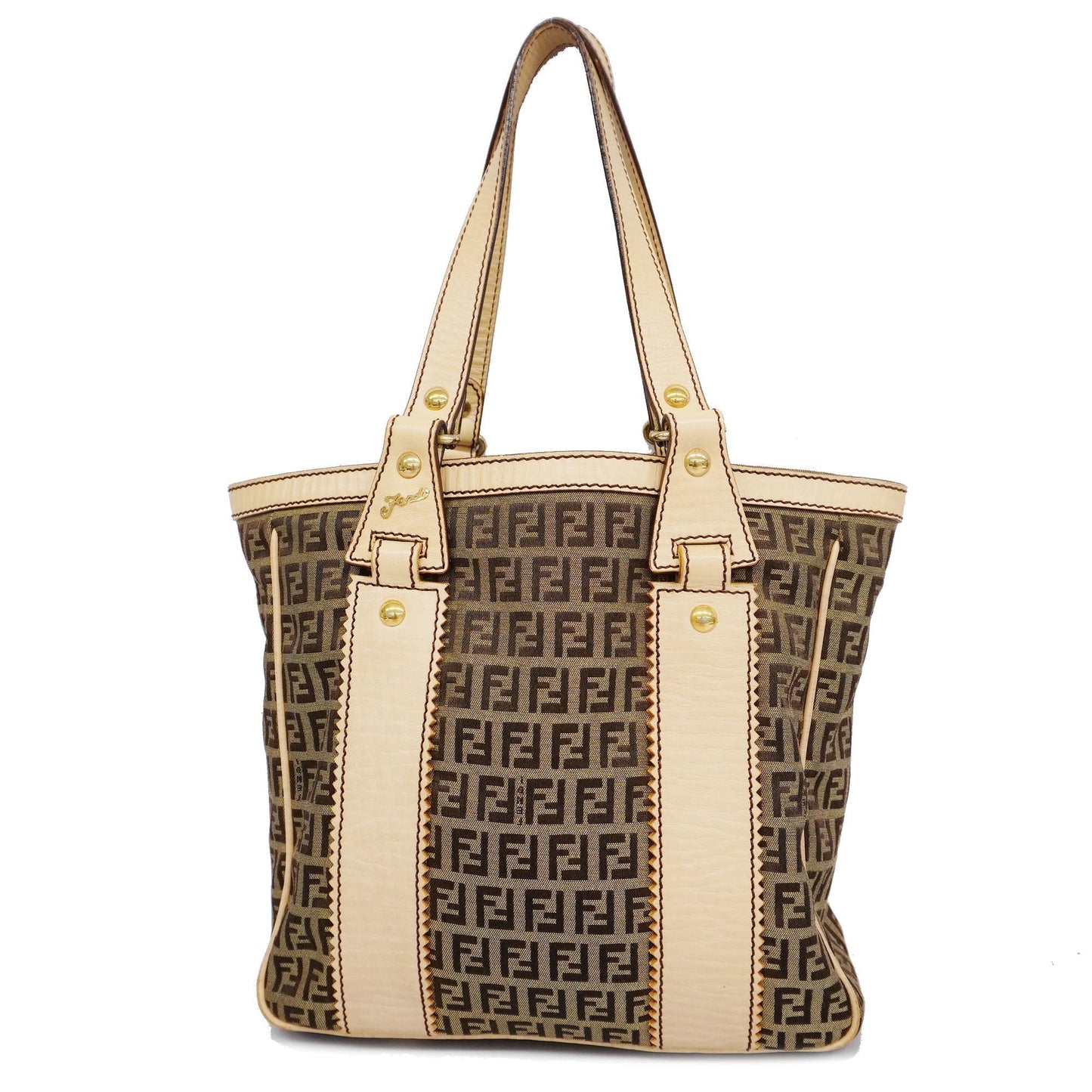 FENDI  Zucchino Shoulder Bag Women's Canvas,Leather Tote Bag Beige,Brown