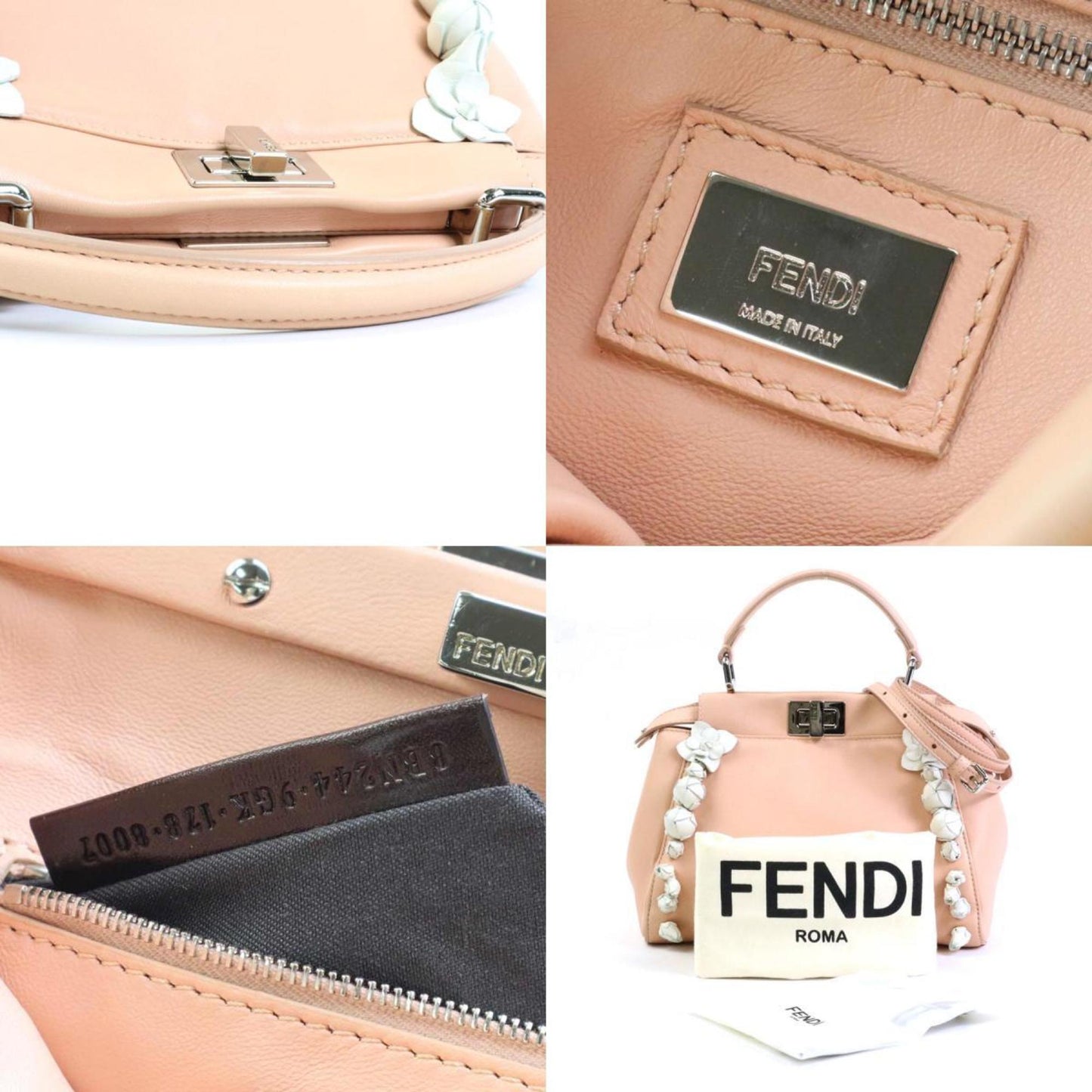 FENDI Handbag Crossbody Shoulder Bag Mini Peekaboo Leather Pink Beige/White Silver Women's