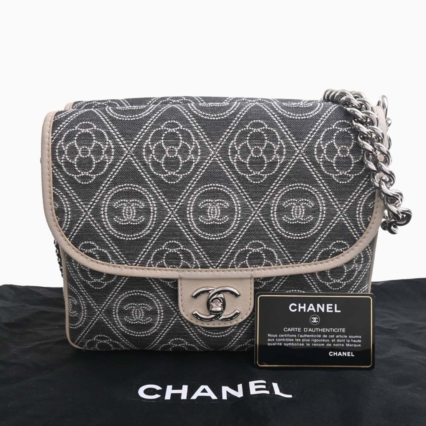 CHANEL Canvas Camellia Coco Mark Chain Shoulder Bag Gray Ladies