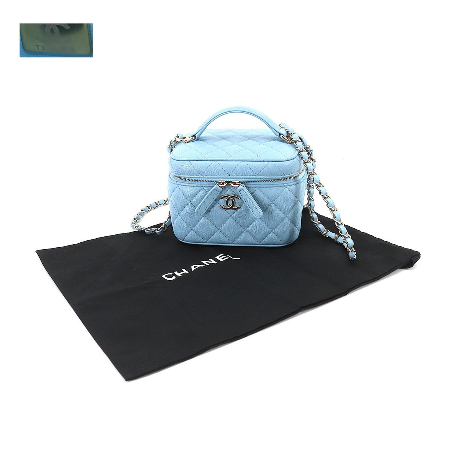 CHANEL Matelasse Small Vanity Chain Shoulder Bag Caviar Skin Leather Light Blue AS3171