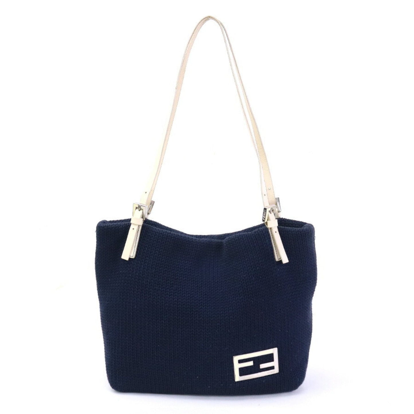 FENDI shoulder bag tote wool/leather navy/off-white silver ladies e55874i