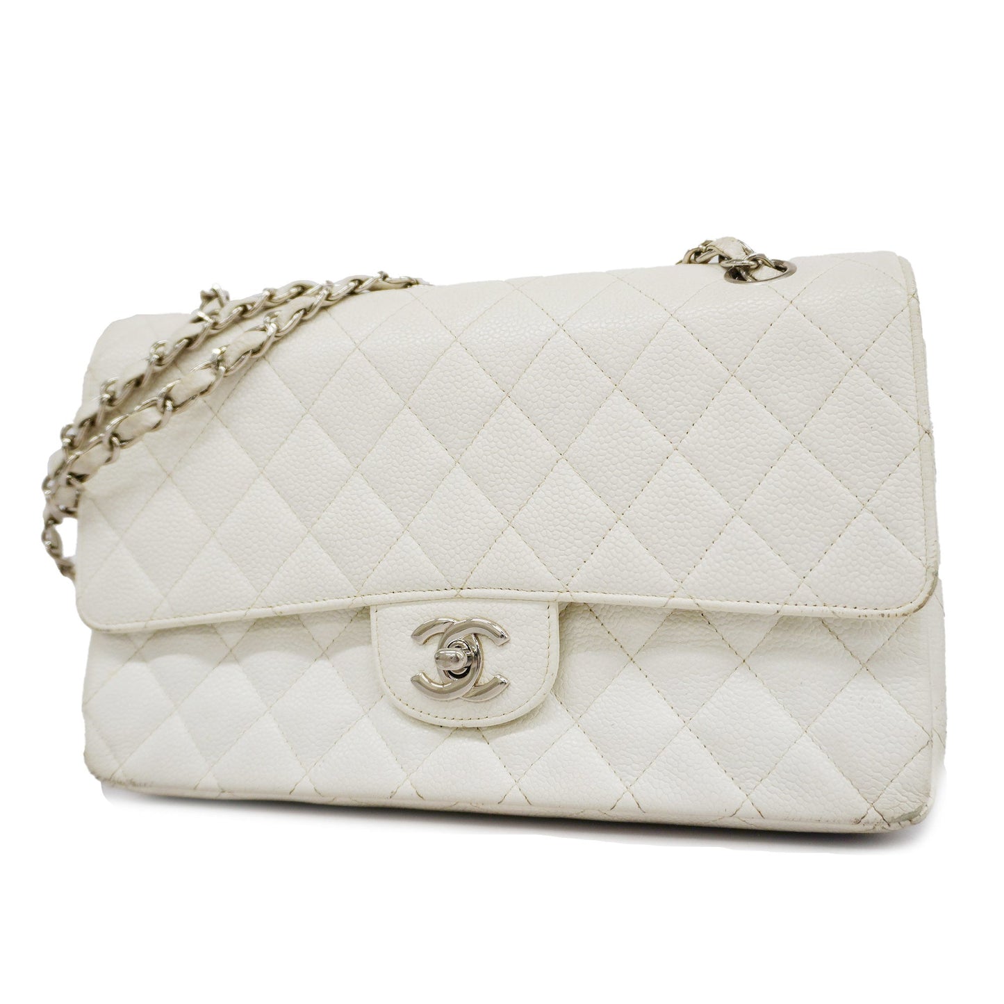 CHANELAuth  Matelasse W Flap W Chain Women's Caviar Leather Shoulder Bag White