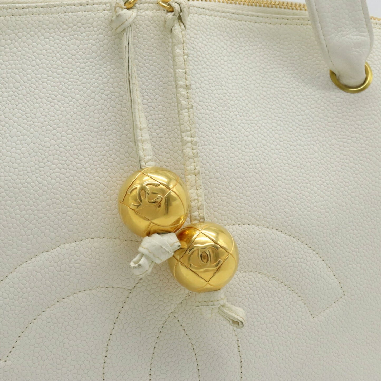 CHANEL Coco Ball Mark Tote Bag Shoulder Caviar Skin Leather White