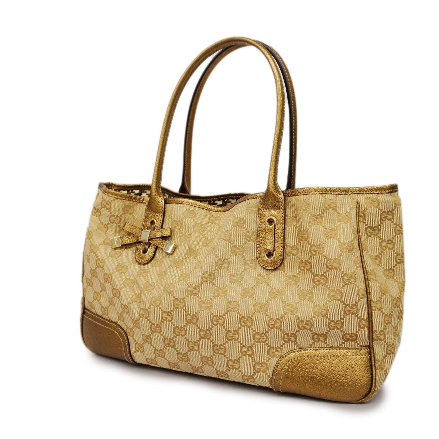 GUCCI  GG Canvas Sherry Princey 163805 Women's Leather Tote Bag Beige,Gold