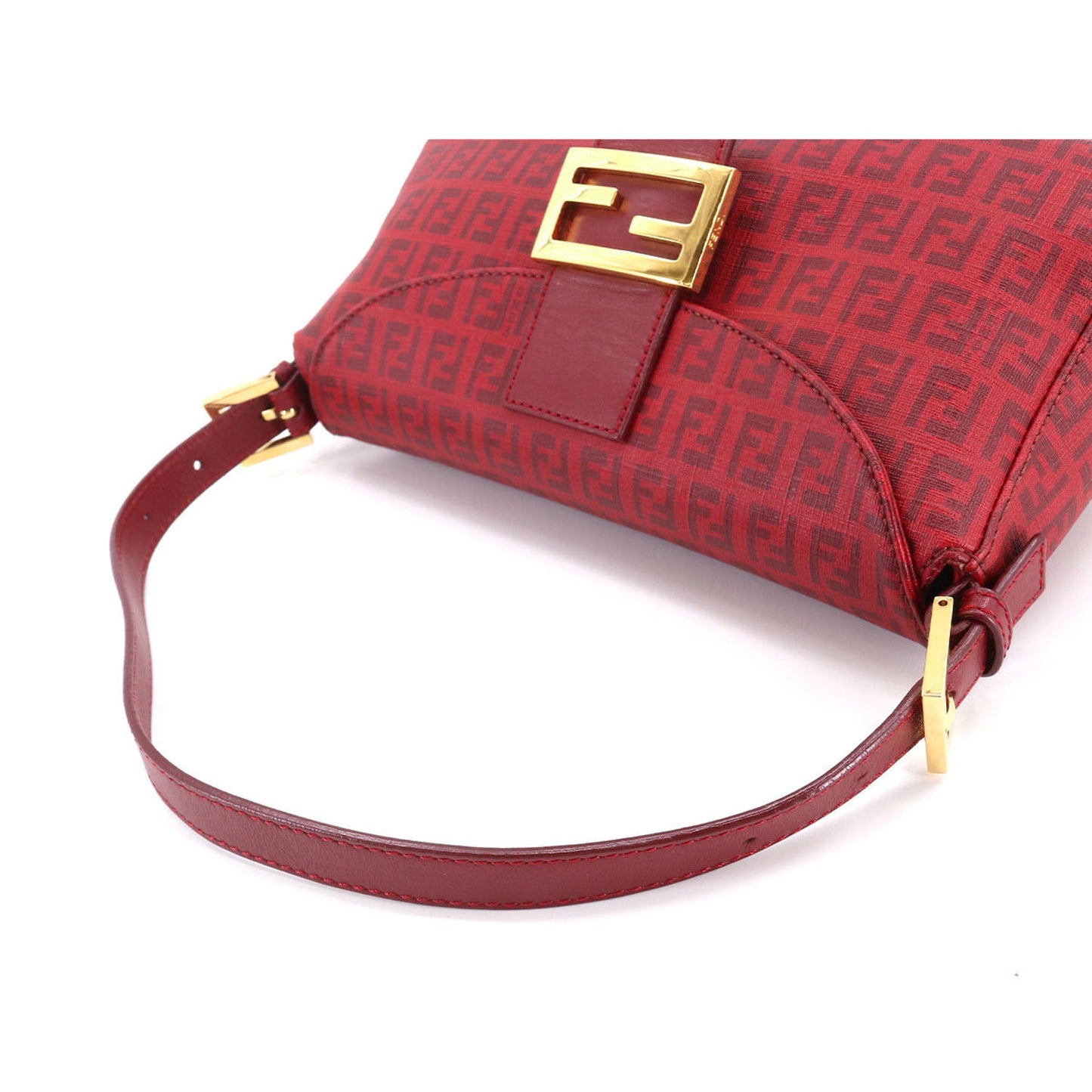 FENDI Zucchino Mamma Baguette Shoulder Bag PVC Leather Red 8BR003 Gold Hardware