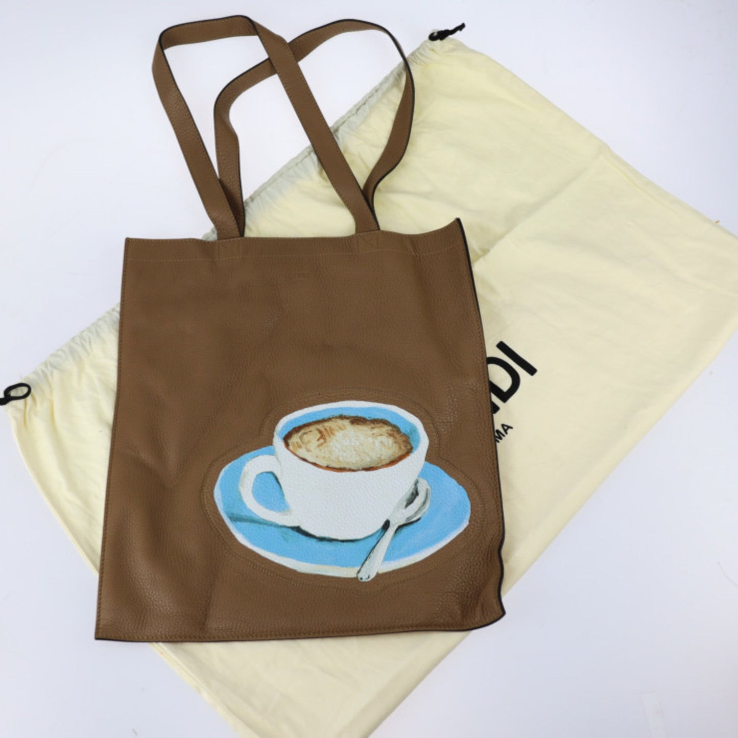 FENDI Tote Bag 7VA426 Leather Brown Series Shoulder Coffee Cup Pattern