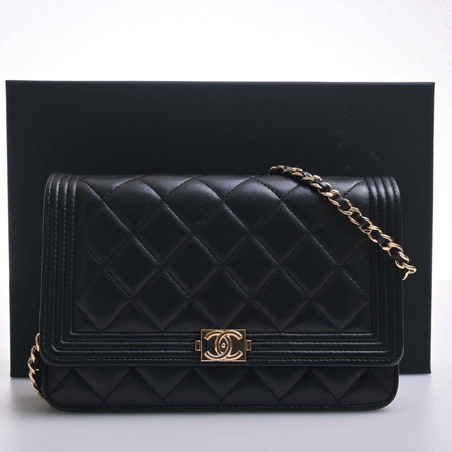 CHANEL Leather Boy  Coco Mark Chain Shoulder Long Wallet Black Ladies