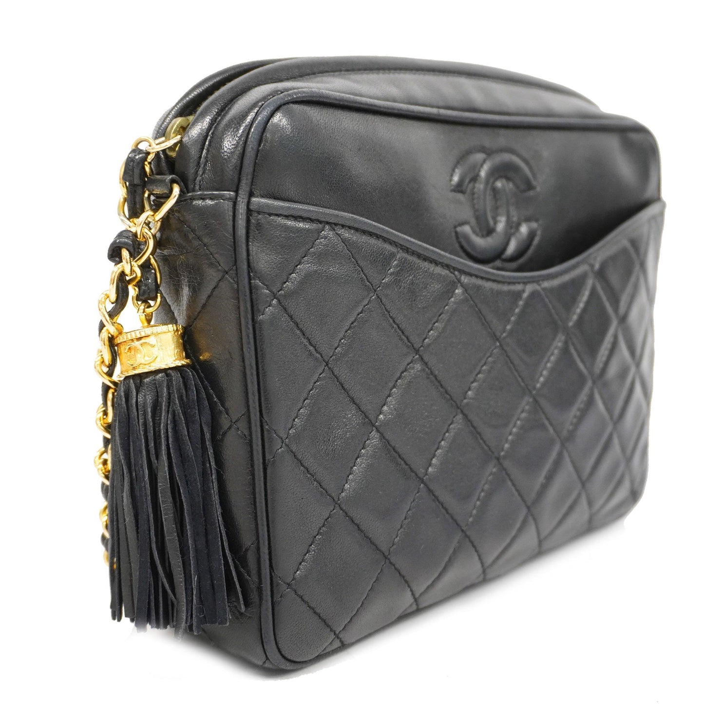 CHANEL[3bd5058] Auth  Shoulder Bag Matelasse Chain Shoulder with Fringe Lambskin Black Gold metal