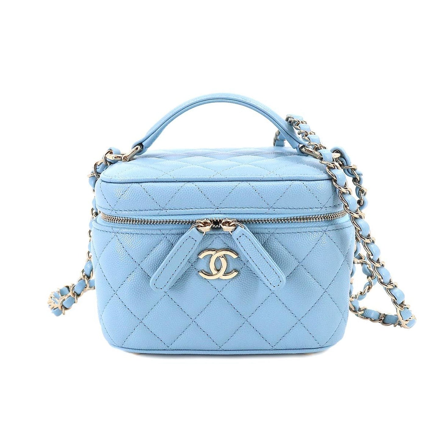 CHANEL Matelasse Small Vanity Chain Shoulder Bag Caviar Skin Leather Light Blue AS3171