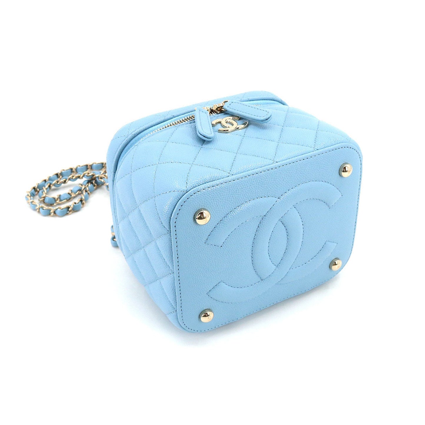 CHANEL Matelasse Small Vanity Chain Shoulder Bag Caviar Skin Leather Light Blue AS3171