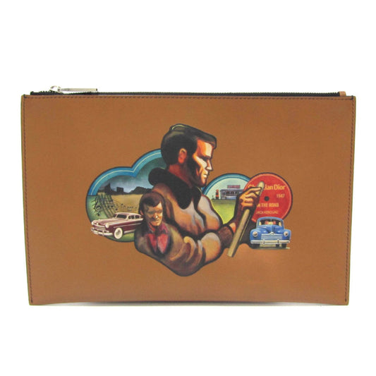 Christian Dior ON THE ROAD Jack Kerouac Women,Men Leather Clutch Bag Brown,Multi-color