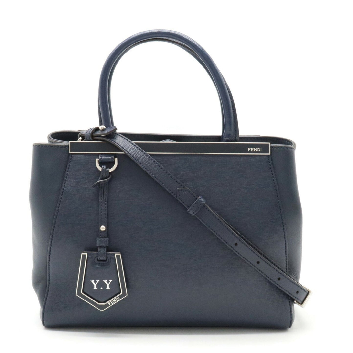 FENDI PETITE 2JOURS Handbag Tote Bag Shoulder Leather Navy 8BH253