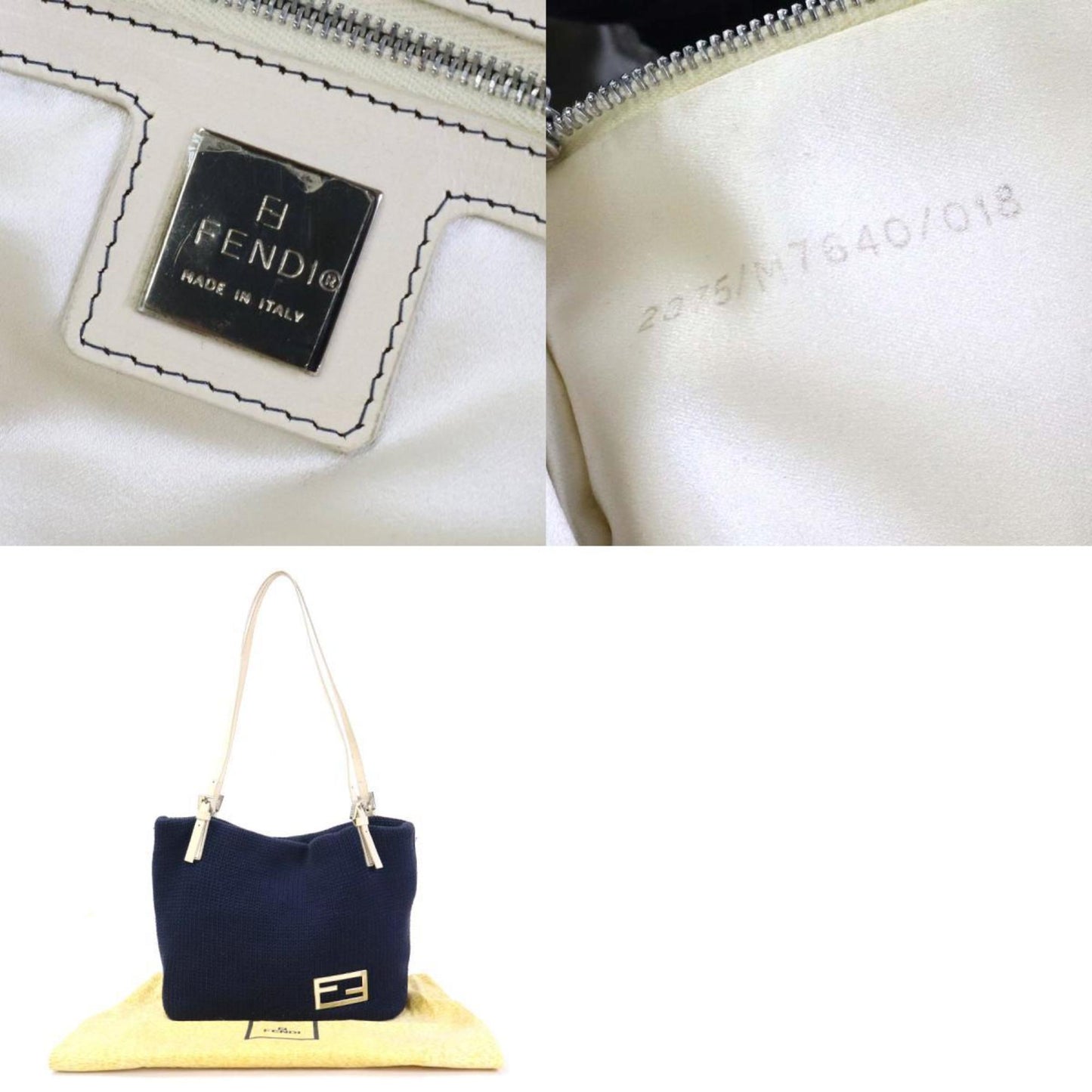 FENDI shoulder bag tote wool/leather navy/off-white silver ladies e55874i