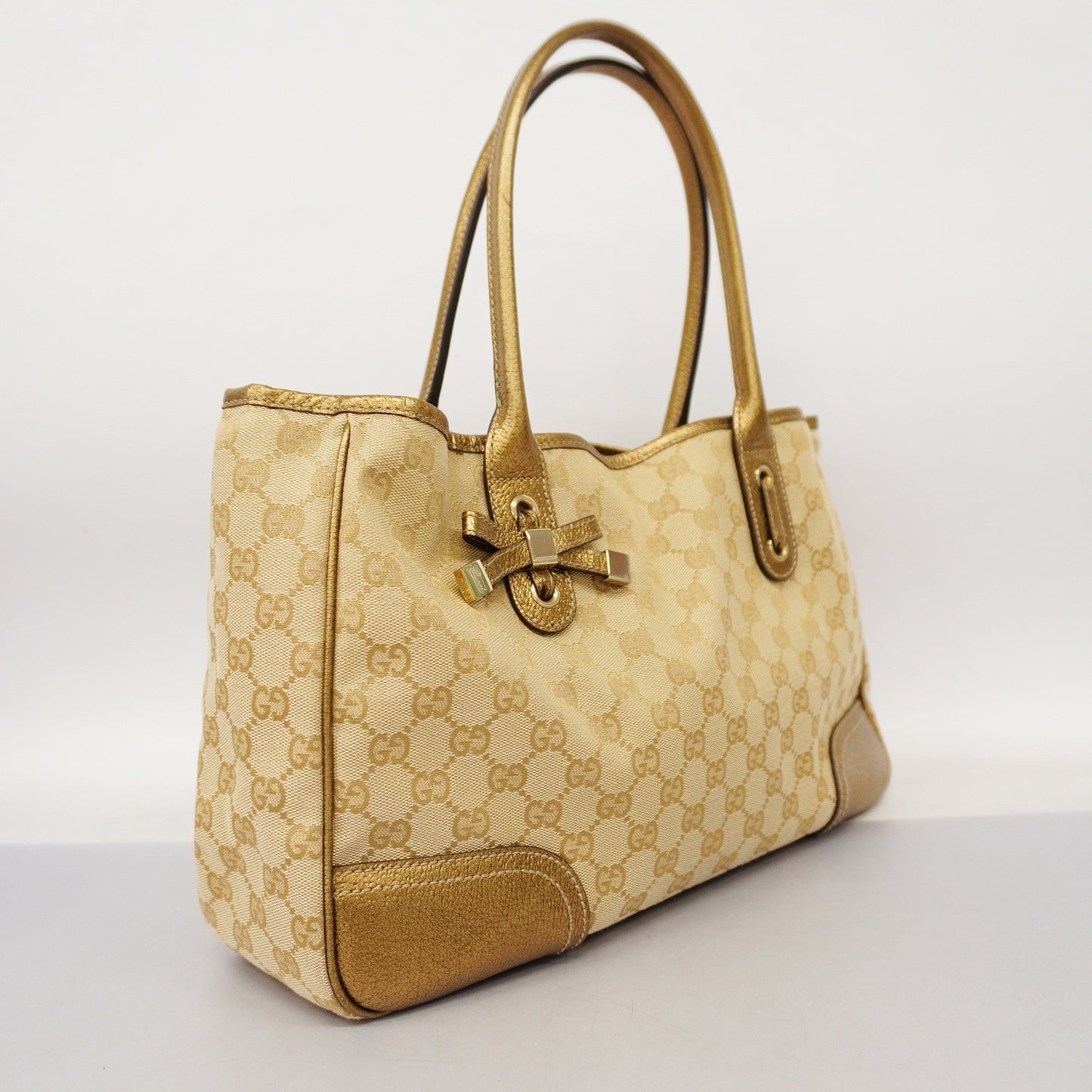 GUCCI  GG Canvas Sherry Princey 163805 Women's Leather Tote Bag Beige,Gold